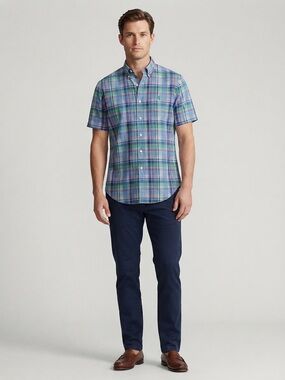 Polo Ralph Lauren Men's Large Blue Green Plaid 100% Linen Short Sleeve Shirt